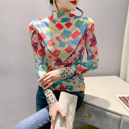 时尚洋气，秋冬长袖高领网纱t恤女定位花打底小衫上衣KQL-A55F0866 商品图3