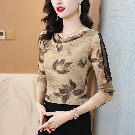ALBB-堆堆领印花网纱打底衫女2023秋季新款气质百搭长袖T恤水墨画上衣 商品图1