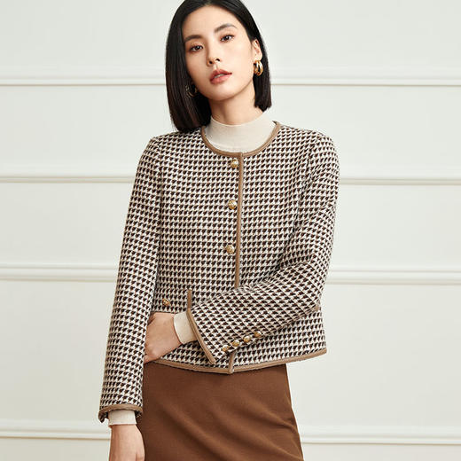玳莎千鸟格绵羊毛外套冬季新款小香风拼皮设计感圆领短款上衣  DD37306 商品图2