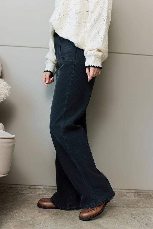 脚印扣口袋灰黑直筒裤 商品图1