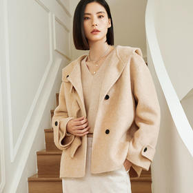 【驼绒】玳莎双面呢短款外套冬季新款驼色连帽一手长毛呢大衣  DD39304