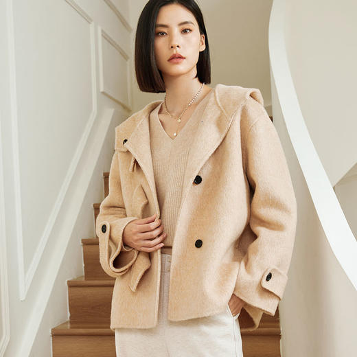 【驼绒】玳莎双面呢短款外套冬季新款驼色连帽一手长毛呢大衣  DD39304 商品图0