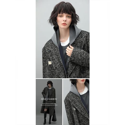 COCOBELLA静奢复古人字纹毛呢外套过膝长款大衣加厚外套WL545 商品图4