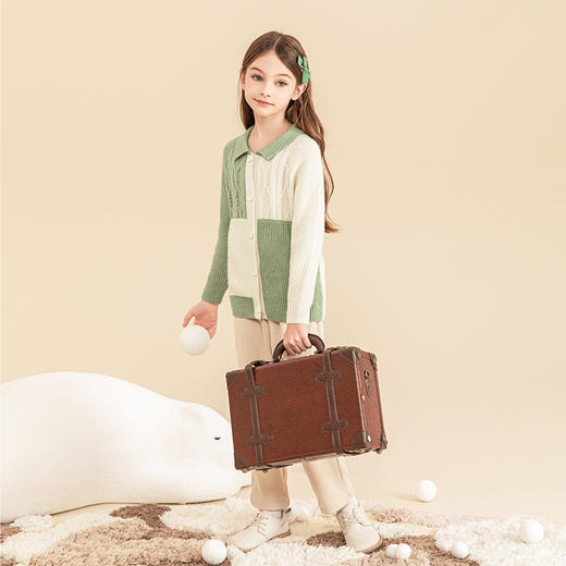 mettekids女童羊绒衫2023秋冬新款撞色拼接针织开衫儿童加厚毛衣 商品图3