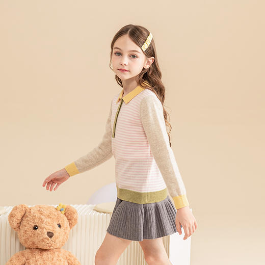 mettekids儿童100%羊绒衫2023秋冬新款男童立领针织女童条纹毛衣 商品图3
