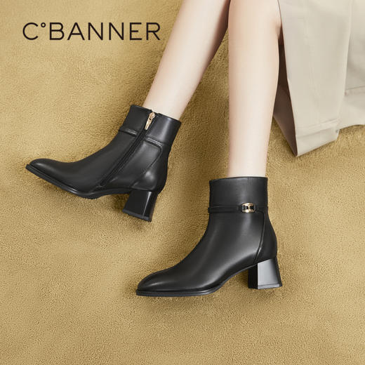 千百度高跟时装靴秋冬粗跟羊皮瘦瘦靴显瘦小短靴女鞋A23531517 商品图4