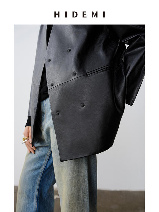 HIDEMI 做旧水洗羊皮无领双排扣皮西装大衣真皮皮衣外套 商品图7