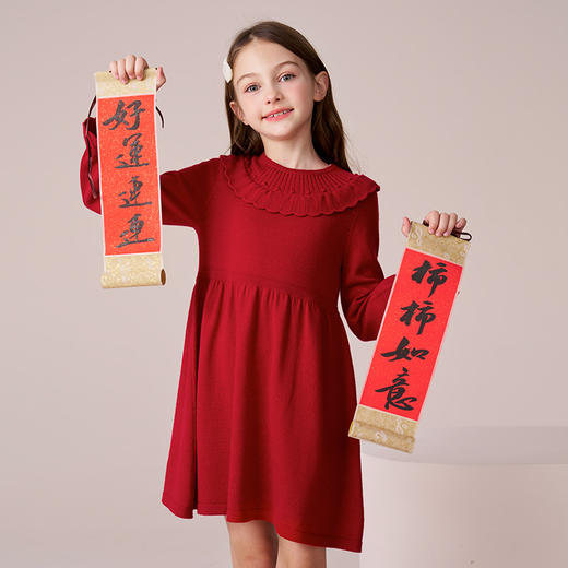 mettekids女童连衣裙2023秋冬新款洋气红色裙子儿童绵羊毛公主裙 商品图1