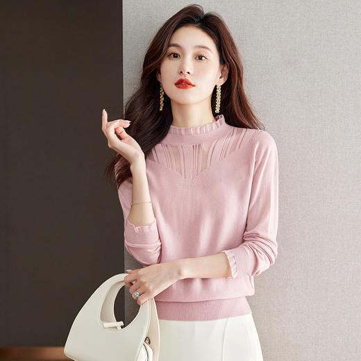 时尚蕾丝边打底衫，长袖t恤网纱针织拼接上衣CC-J080 商品图1