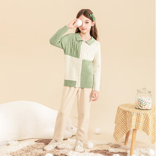 mettekids女童羊绒衫2023秋冬新款撞色拼接针织开衫儿童加厚毛衣 商品图2