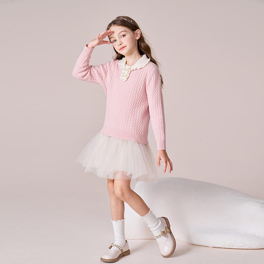 mettekids女童100%羊绒衫2023秋冬新款粉色麻花针织打底儿童毛衣 商品图2