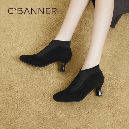 千百度高跟套筒弹力靴袜靴女秋冬粗跟美拉德小踝靴短靴女A23523521 商品图4