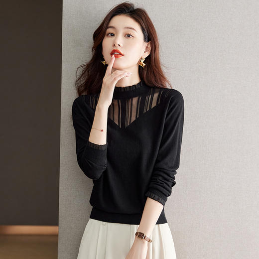 时尚蕾丝边打底衫，长袖t恤网纱针织拼接上衣CC-J080 商品图3