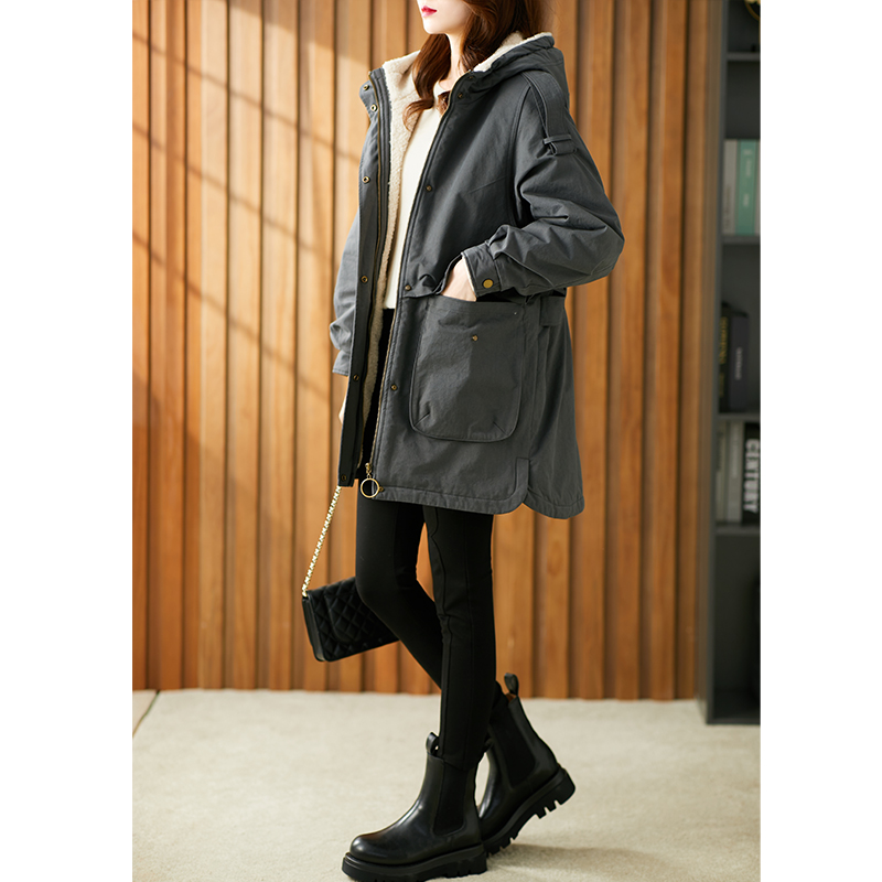 原形派克服女中长款连帽2023冬季新款韩版收腰羊羔毛加厚棉服外套