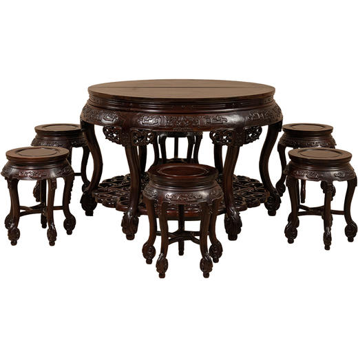 二十世纪 红木夔龙纹三弯腿六足双拼圆桌圆凳成套（一桌六凳） 商品图5