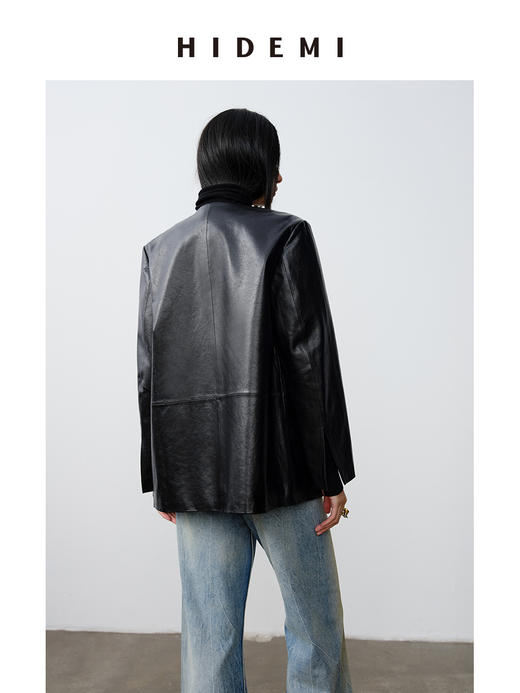 HIDEMI 做旧水洗羊皮无领双排扣皮西装大衣真皮皮衣外套 商品图8