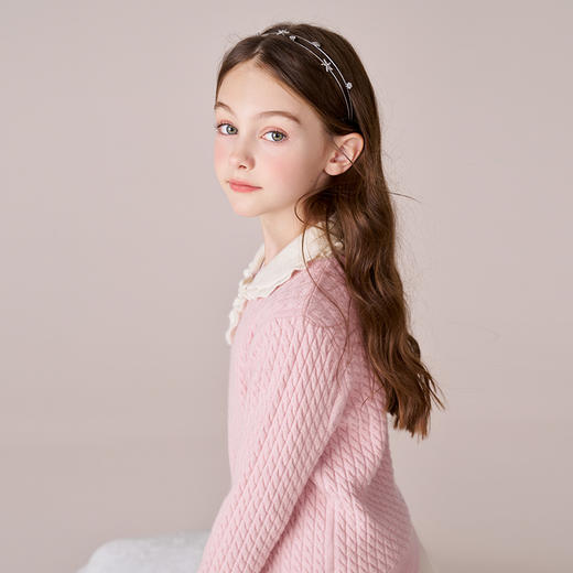 mettekids女童100%羊绒衫2023秋冬新款粉色麻花针织打底儿童毛衣 商品图3