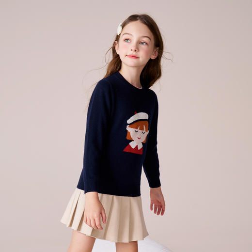 mettekids女童羊绒衫2023秋冬新款黑藏青针织打底衫儿童卡通毛衣 商品图2