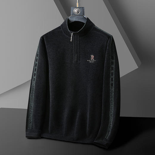 【雪尼尔】【新款DWP】大依优型大码加绒雪尼尔针织衫毛衫立领长袖T恤男装加肥加大体恤大号上衣胖子打底 商品图1