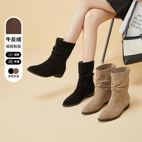 西遇堆堆靴女新款秋冬欧美复古中筒西部牛仔靴中跟尖头短靴子D2033957