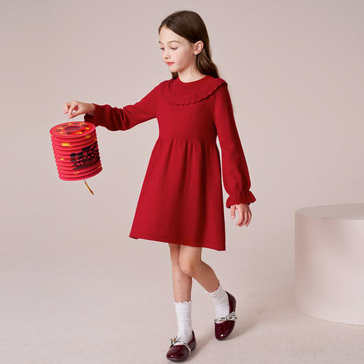 mettekids女童连衣裙2023秋冬新款洋气红色裙子儿童绵羊毛公主裙 商品图2