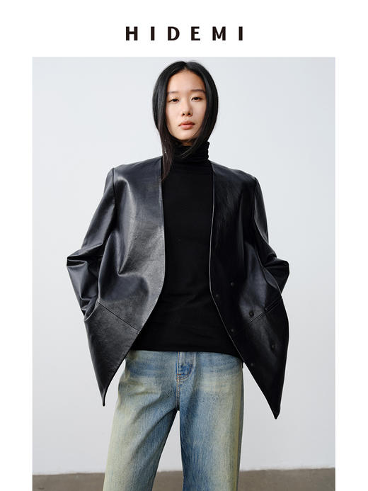 HIDEMI 做旧水洗羊皮无领双排扣皮西装大衣真皮皮衣外套 商品图4