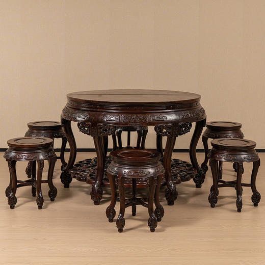 二十世纪 红木夔龙纹三弯腿六足双拼圆桌圆凳成套（一桌六凳） 商品图0