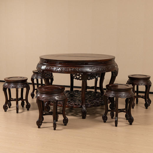 二十世纪 红木夔龙纹三弯腿六足双拼圆桌圆凳成套（一桌六凳） 商品图4