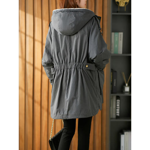 原形派克服女中长款连帽2023冬季新款韩版收腰羊羔毛加厚棉服外套 商品图1