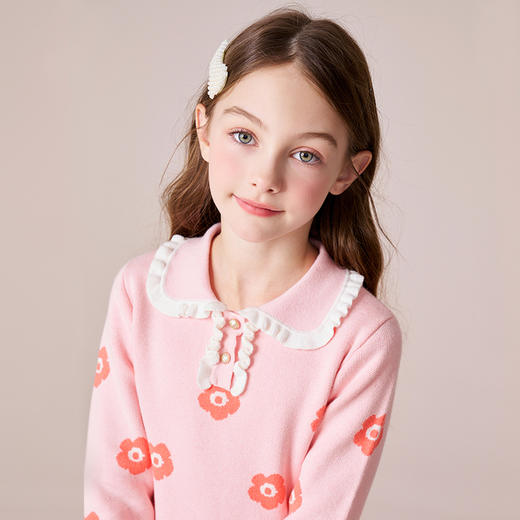 mettekids女童针织衫2023秋冬新款粉色花朵打底衫儿童薄款毛衣 商品图2