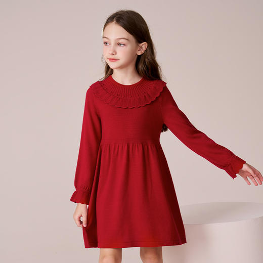 mettekids女童连衣裙2023秋冬新款洋气红色裙子儿童绵羊毛公主裙 商品图4
