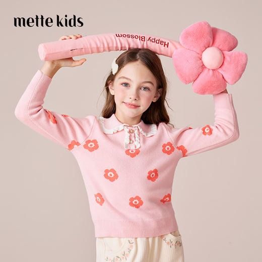mettekids女童针织衫2023秋冬新款粉色花朵打底衫儿童薄款毛衣 商品图0