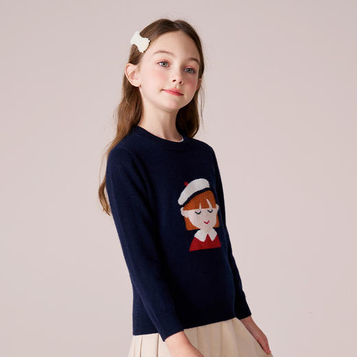 mettekids女童羊绒衫2023秋冬新款黑藏青针织打底衫儿童卡通毛衣 商品图1