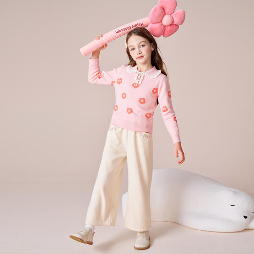 mettekids女童针织衫2023秋冬新款粉色花朵打底衫儿童薄款毛衣 商品图3