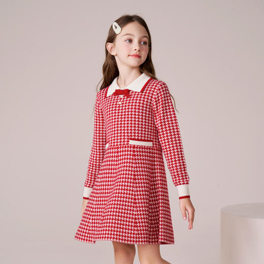 女童羊毛连衣裙2023秋冬新款加厚裙子儿童红色长裙千鸟格公主裙 商品图1