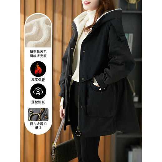原形派克服女中长款连帽2023冬季新款韩版收腰羊羔毛加厚棉服外套 商品图3