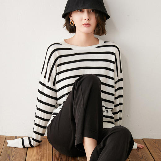 秋冬季【圆领羊毛条纹打底】韩版长袖宽松针织衫  简约气质内搭  文艺风 商品图5