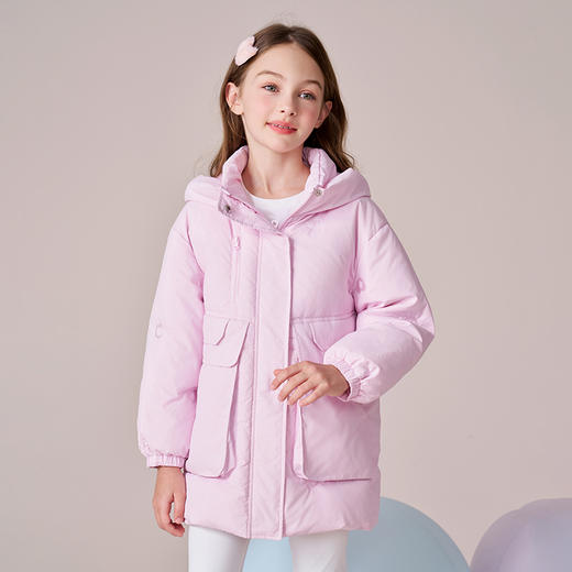 mettekids女童羽绒服2023冬季新款粉色中长款儿童90鹅绒保暖外套 商品图1