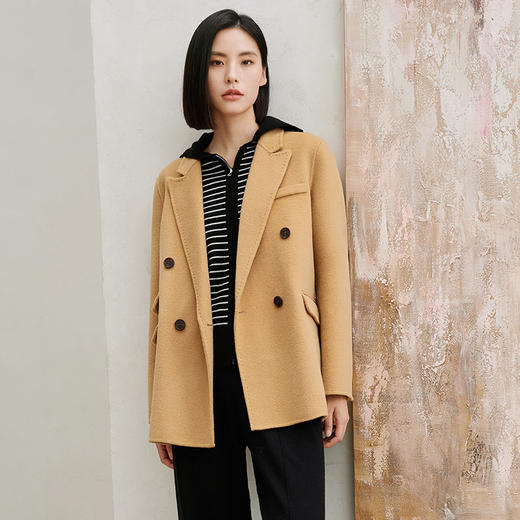 玳莎女装2023年冬季新款绵羊毛双面呢双排扣驼色西装通勤气质外套  DD37305 商品图0