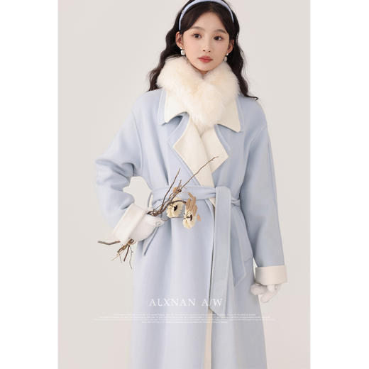 鹿向南《晴雪万里》双面呢大衣女2023秋冬浅蓝色小个子羊绒外套 商品图2
