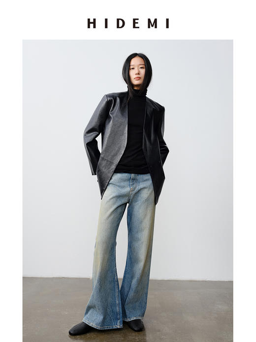 HIDEMI 做旧水洗羊皮无领双排扣皮西装大衣真皮皮衣外套 商品图1