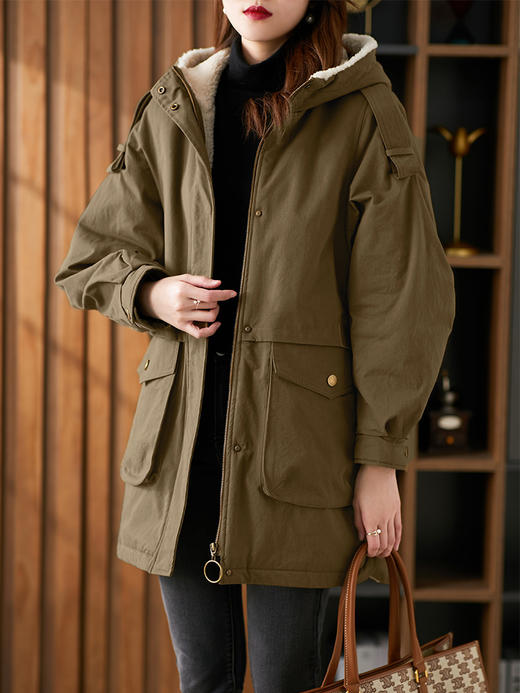 原形派克服女中长款连帽2023冬季新款韩版收腰羊羔毛加厚棉服外套 商品图2