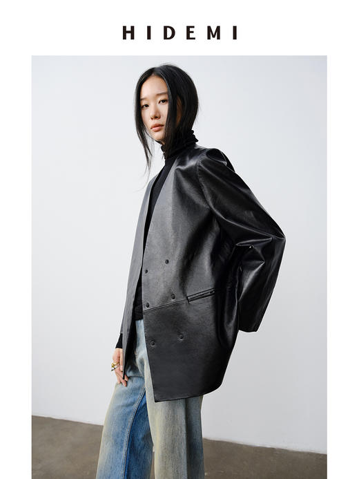 HIDEMI 做旧水洗羊皮无领双排扣皮西装大衣真皮皮衣外套 商品图6