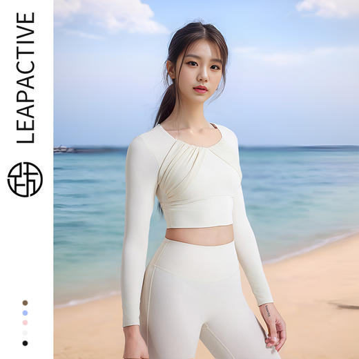 跃牌【禅语梵心系列】秋冬拼纱显瘦带胸垫瑜伽服长袖  无痕运动速干紧身裤 CX2436-上衣  CK2422-裤子 商品图2
