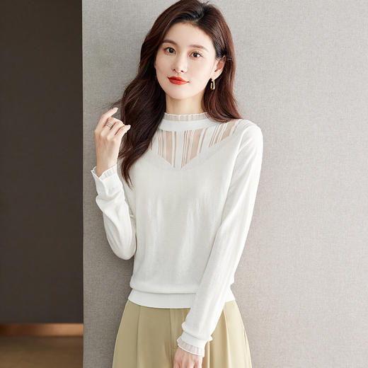 时尚蕾丝边打底衫，长袖t恤网纱针织拼接上衣CC-J080 商品图2
