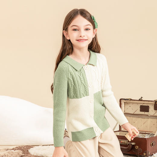 mettekids女童羊绒衫2023秋冬新款撞色拼接针织开衫儿童加厚毛衣 商品图1