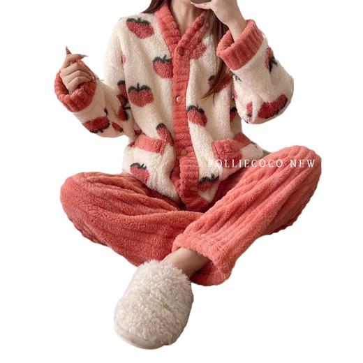 【透气保暖显瘦！家居服套装睡衣】耐用耐磨，深v款衣领，方便穿脱，草莓水蜜桃恋恋暖心睡衣女秋冬加厚保暖珊瑚绒开衫家居服套装睡衣 商品图4