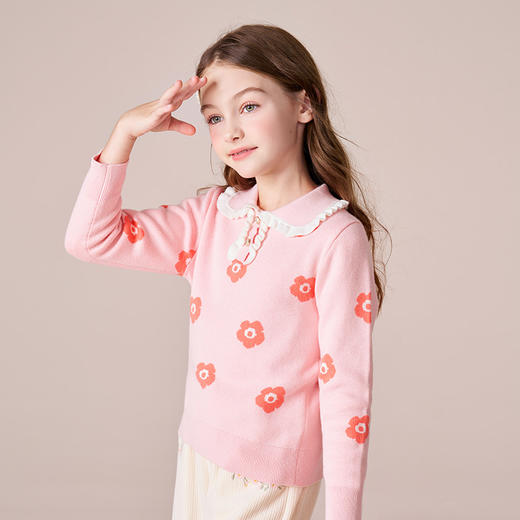 mettekids女童针织衫2023秋冬新款粉色花朵打底衫儿童薄款毛衣 商品图1