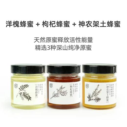 117位签约蜂农追花采蜜20年，精选出3瓶深山高活性成熟原蜜，洋槐蜜+枸杞蜜+神农架蜜共900克 商品图1