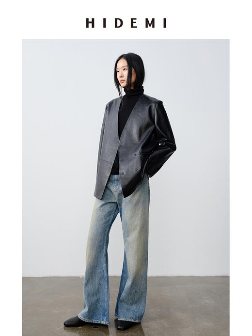 HIDEMI 做旧水洗羊皮无领双排扣皮西装大衣真皮皮衣外套 商品图2